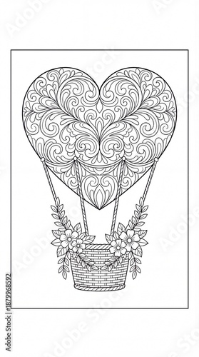 Heart-Shaped Hot Air Balloon with Floral Designs for Coloring