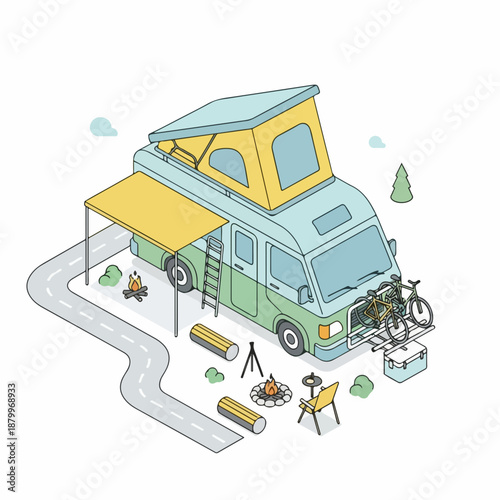 Isometric Detailed Campervan Camping Outdoor Adventure Illustration Graphic Design