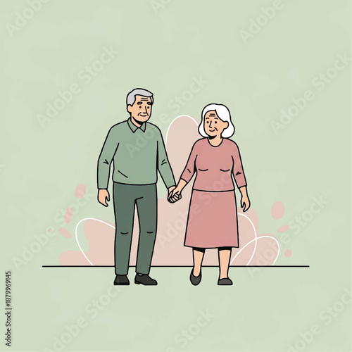 Elderly Couple Holding Hands While Walking Together Outdoors in a Serene Environment from a Frontal Viewpoint