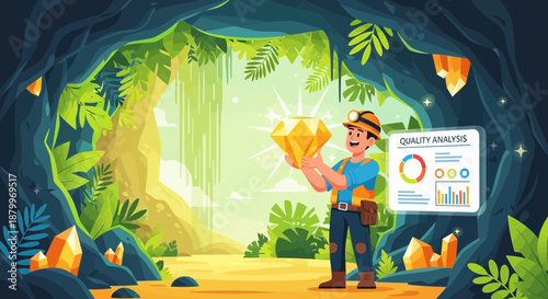 Man Discovering Gold Crystals in Jungle Cave with Quality Analysis