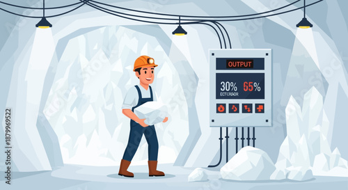 Man in Hard Hat Inspecting Mining Equipment in an Underground Mine