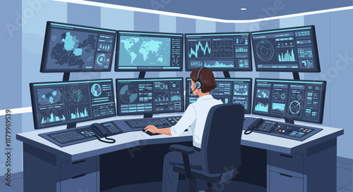 Man working on computer in a modern control room with multiple screens