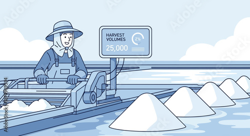 Salt harvesting process with a worker on a salt farm