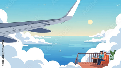 Couple on balcony above clouds watching sunset, airplane wing overhead