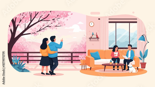 Couple on balcony overlooking cherry blossoms, family inside a living room