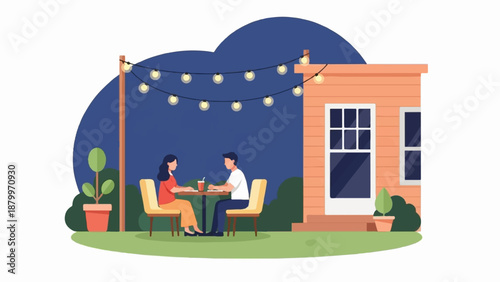 Couple dining outdoors under string lights next to a building