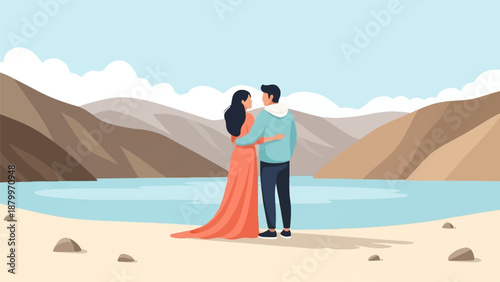 Couple embraces by calm water with mountains in distance