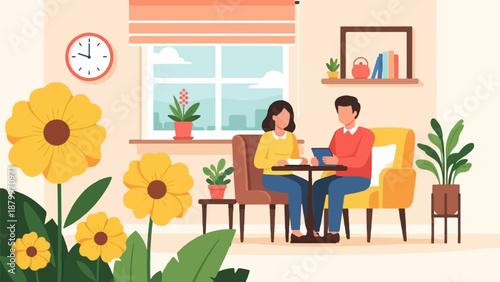 Couple enjoying a coffee break with flowers and plants indoors