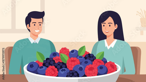 Couple enjoying a bowl of fresh berries, a healthy breakfast delight
