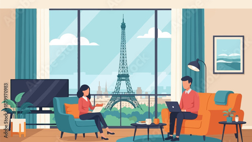 Couple enjoying a comfortable apartment view of Paris landmark