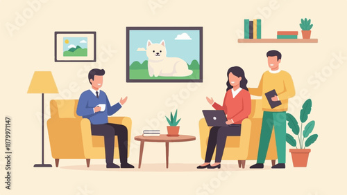 Colleagues in a casual office discussion with a dog picture