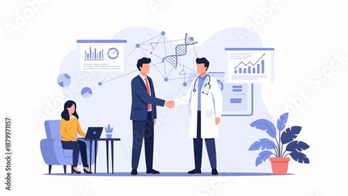 Colleagues shaking hands with charts, DNA, and a plant