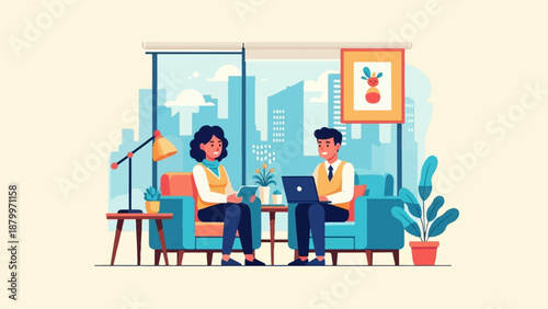 Colleagues in modern office setting collaborate on a laptop with cityscape view