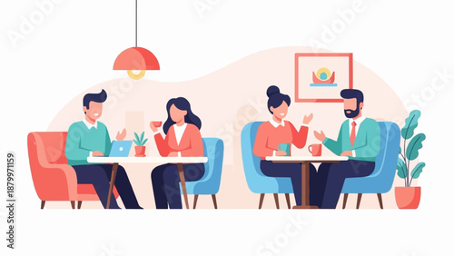 Colleagues in a cafe discussing work over coffee