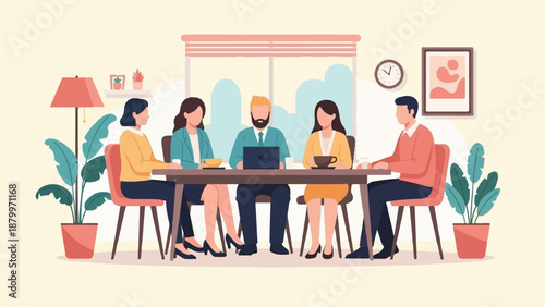 Colleagues in a meeting with drinks and a laptop