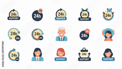 Collection of 24/7 support icons, featuring timers and smiling service professionals
