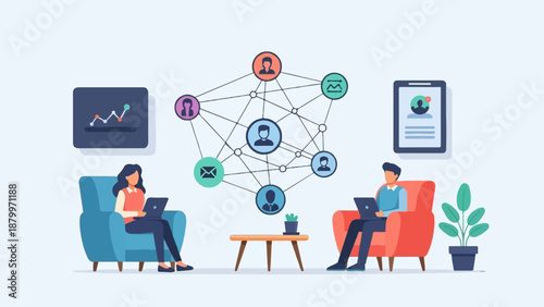 Connected individuals collaborating digitally using devices in a comfortable, modern space