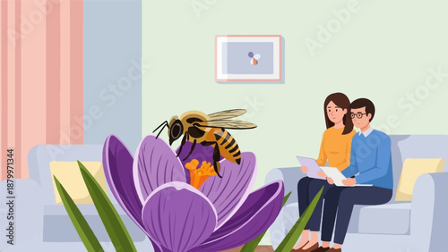 Couple on sofa reads tablet with bee pollinating flower inside home