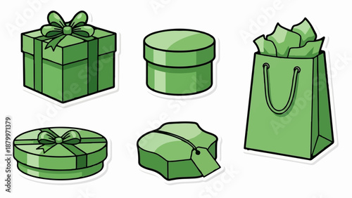 Collection of assorted green gift boxes and a shopping bag with tissue paper