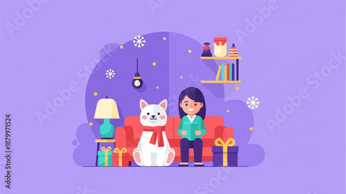 Cheerful girl and dog in a cozy room with festive gifts