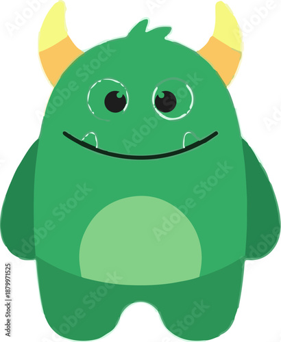 Cheerful green monster with horns, big eyes, and a wide smile