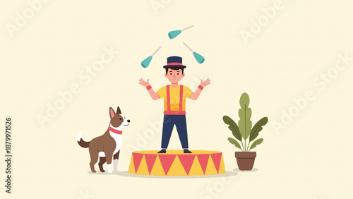 Cheerful juggler with dog and plant on a circular stage