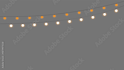 Decorative orange and white string lights illuminating a festive evening background