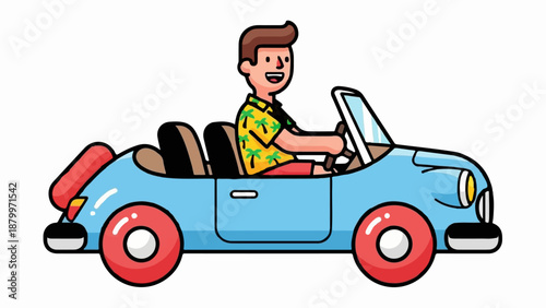 Cheerful man in a Hawaiian shirt drives a light blue convertible car on a sunny day