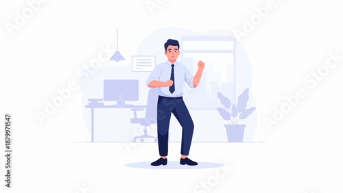 Cheerful office worker celebrating success in modern workspace