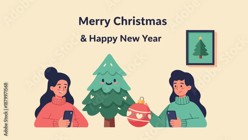 Cheerful people share holiday wishes and festive decor, celebrating Christmas and New Year