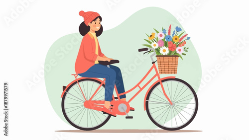 Cheerful person cycling with a basket full of colorful flowers