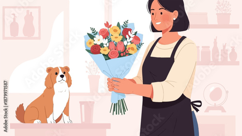Cheerful person in apron presents a colorful bouquet to an expectant dog
