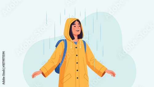 Cheerful person in yellow raincoat and backpack enjoying the rain