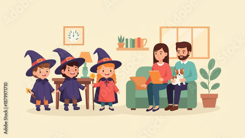 Children in costumes interact with adults and a dog in a cozy room