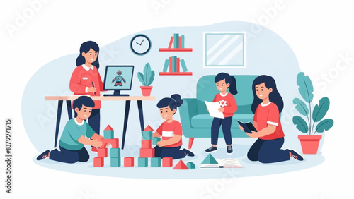 Children engage in creative play and learning with adults in a room