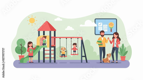 Children and adults enjoying a park with playground, swings, and interactive screen