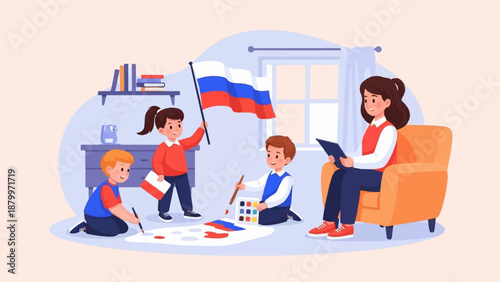 Children paint with flag and woman reads from tablet in a bright room