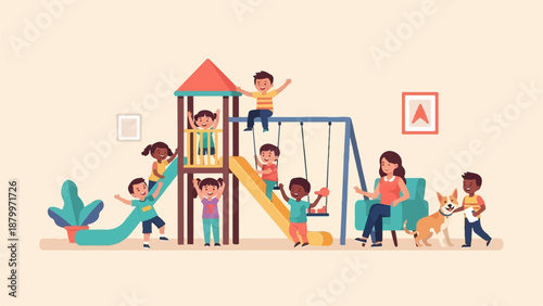 Children playing on playground with a woman and dog in a room
