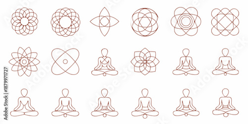 a collection of line drawings of people meditating and geometric shapes