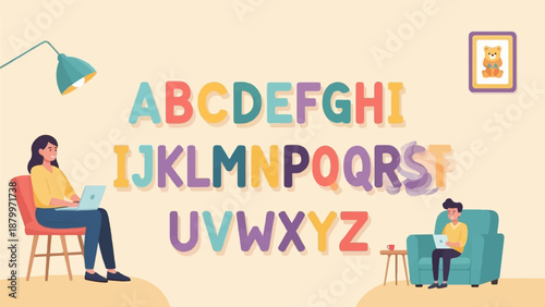 Children's room with alphabet letters, and people using laptops