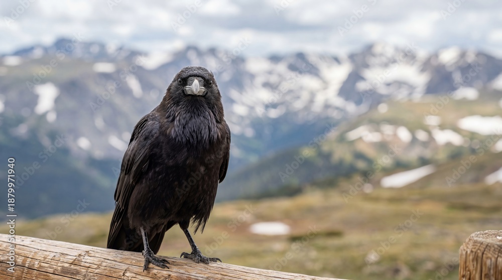 Obraz premium Black raven perched on wooden post overlooking snowy mountain peaks. Wild bird in alpine wilderness landscape. Nature wildlife photography capturing rugged outdoor scenery and avian habitat in rocky