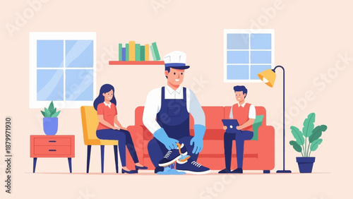 Cleaning professionals assist with footwear care in a cozy living room