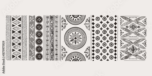 A series of ornate black and white patterned textile designs in a row