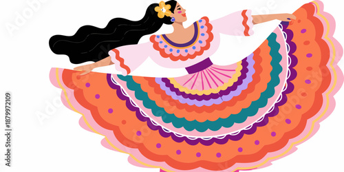 A vibrant illustration of a woman in a traditional colorful folk dress dancing