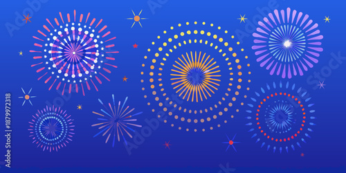 Colorful fireworks display with various patterns against a dark blue background