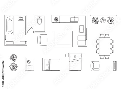 Furniture CAD Blocks – Thin Line Top View Floor Plan Symbols