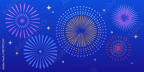 Colorful firework displays illuminate a dark blue night sky with sparkling light