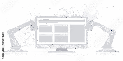 Artificial intelligence interface with robotic arms reaching for a computer screen