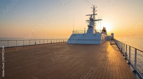 Empty upper deck of cruise ship at sunset over calm ocean. Wide wooden platform with railings and nautical elements. Serene sea voyage and luxury travel relaxation concept for vacation backgrounds.