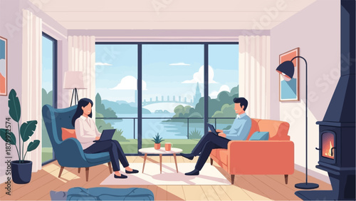 Couple working on laptops by a large window with a scenic view
